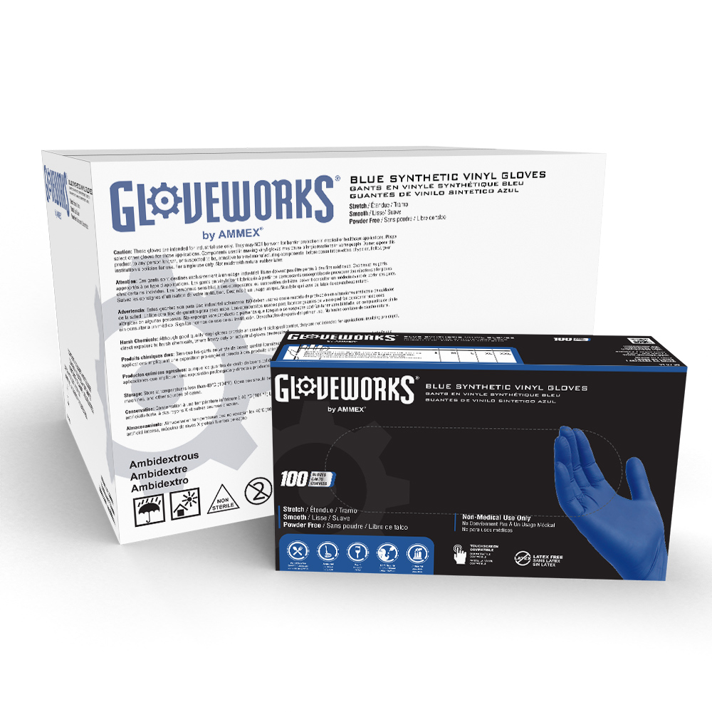 Gloveworks Blue Vinyl disposable gloves from AMMEX are made of synthetic stretch vinyl.