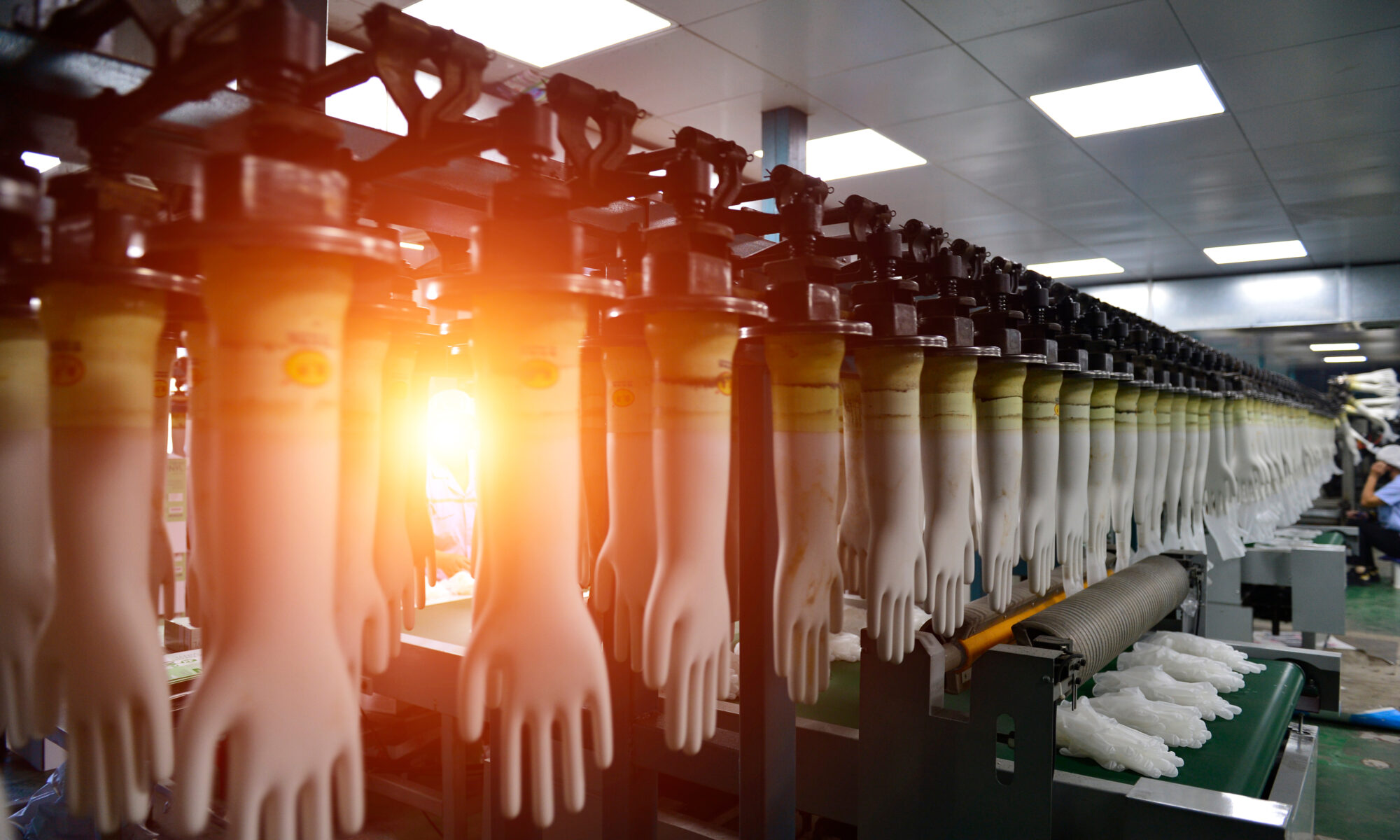Glove formers hang on the factory production line.
