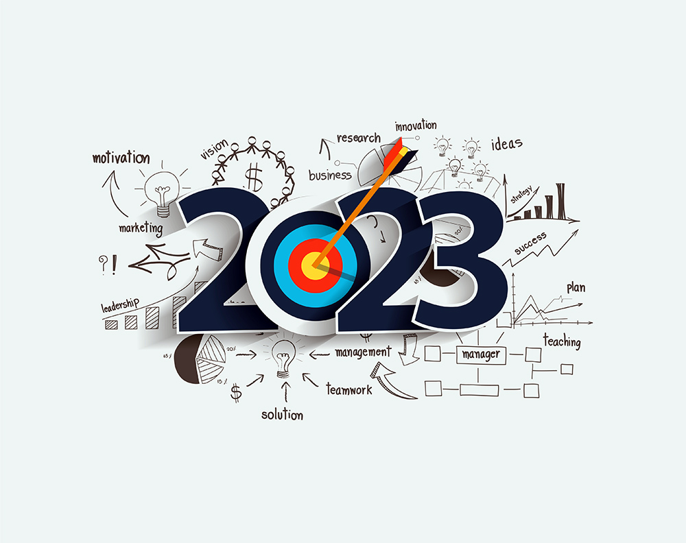 2023 stylized with a bull's eye instead of the zero and economic goals written out in the background.