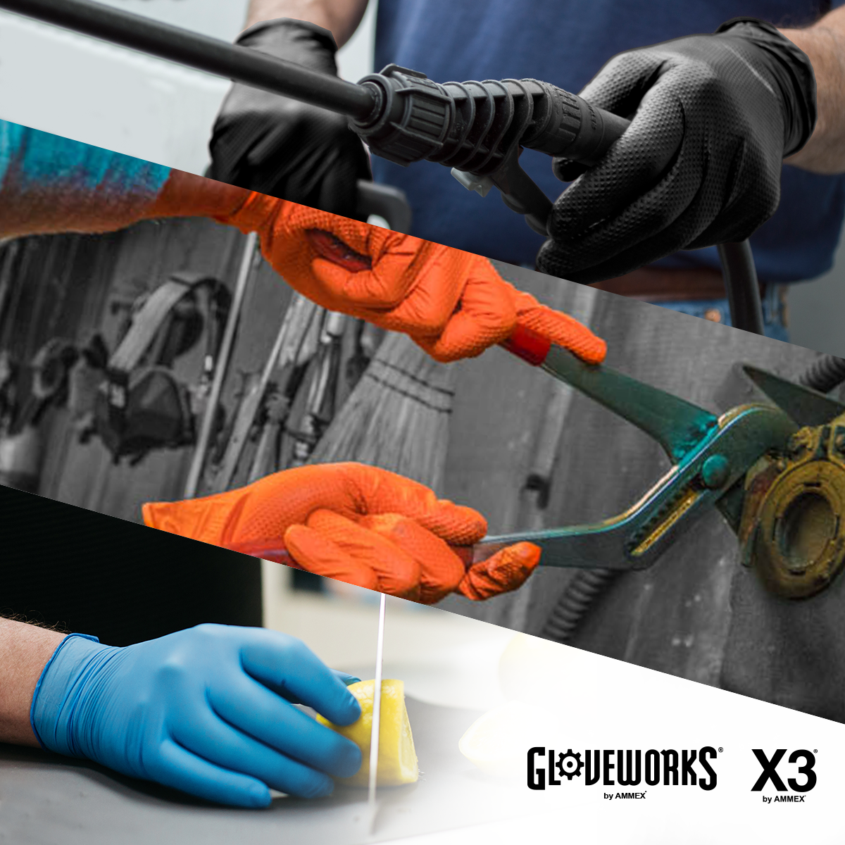Gloveworks black nitrile, orange nitrile, and X3 blue nitrile are shown in use.
