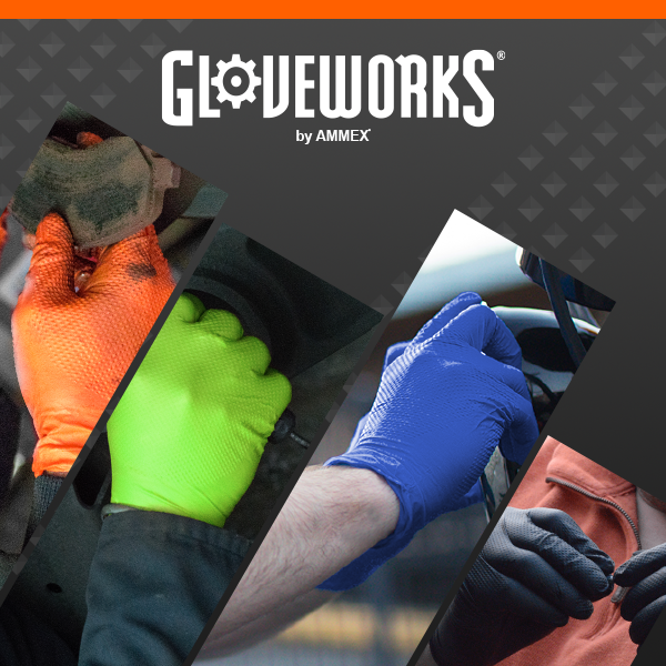 Gloveworks nitrile gloves with Raised Diamond Texture are pictured in all their colors: orange, green, royal blue, and black.
