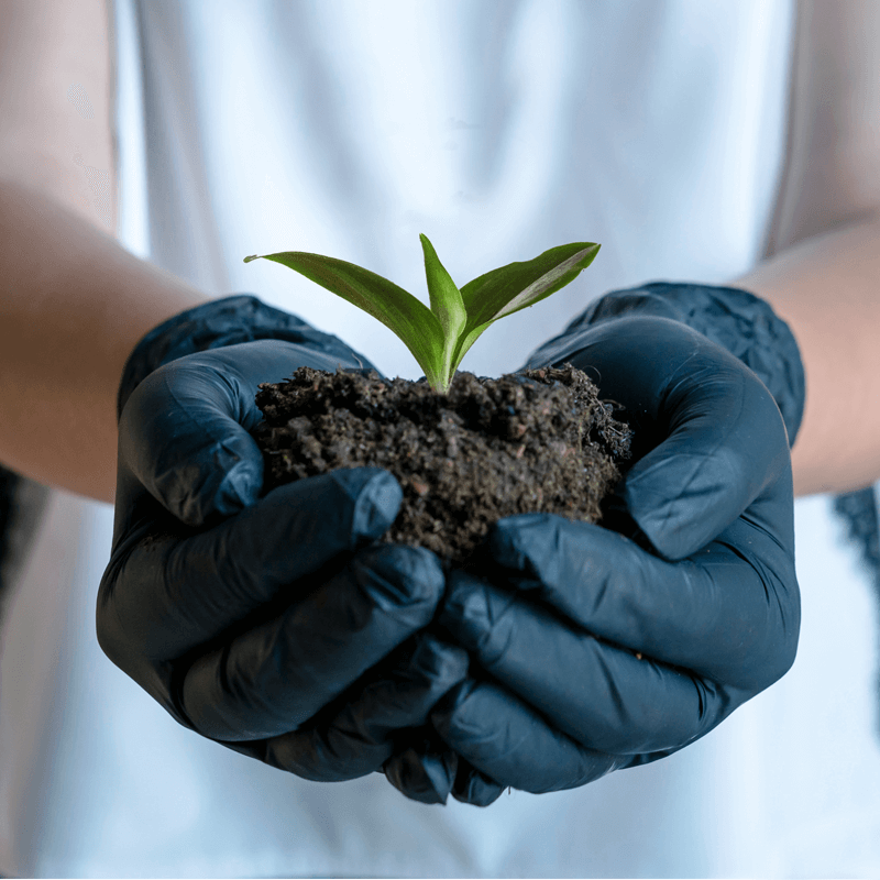 Gloved hands hold a seedling in dirt.